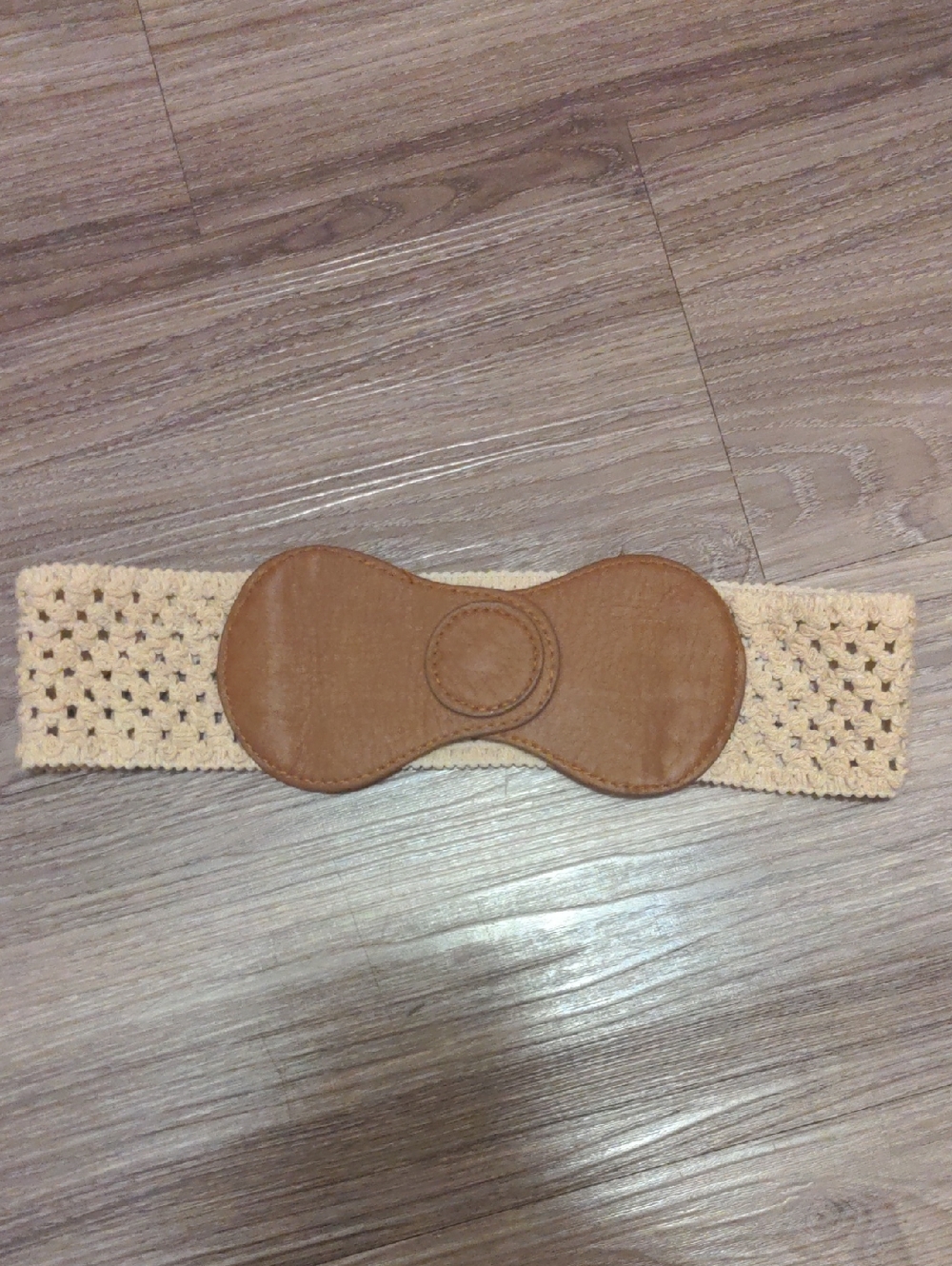 Neutral Crochet Stretch Waist Belt with Tan Faux Leather Buckle